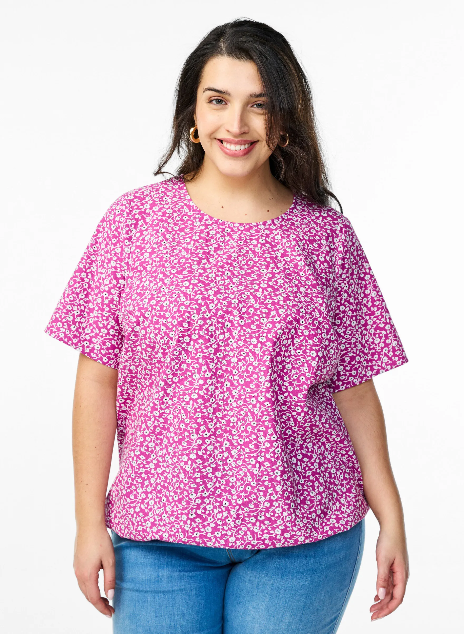 Baumwoll-Bluse mit Print und kurzen Ärmeln