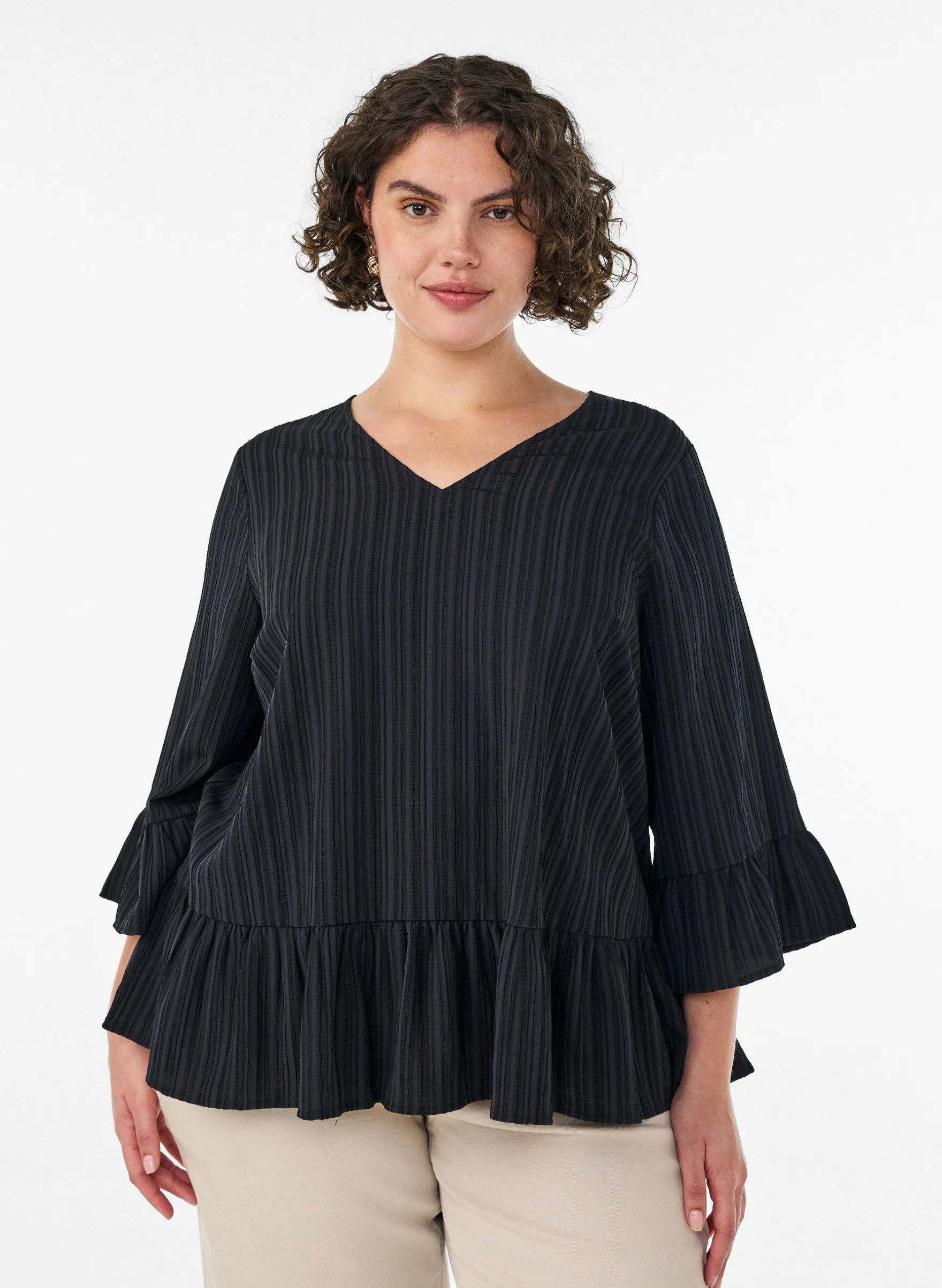 Bluse mit Struktur, V-Ausschnitt und Rüschen