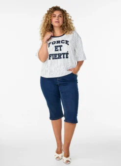 Boxy T-Shirt mit Streifen und Statement-Print