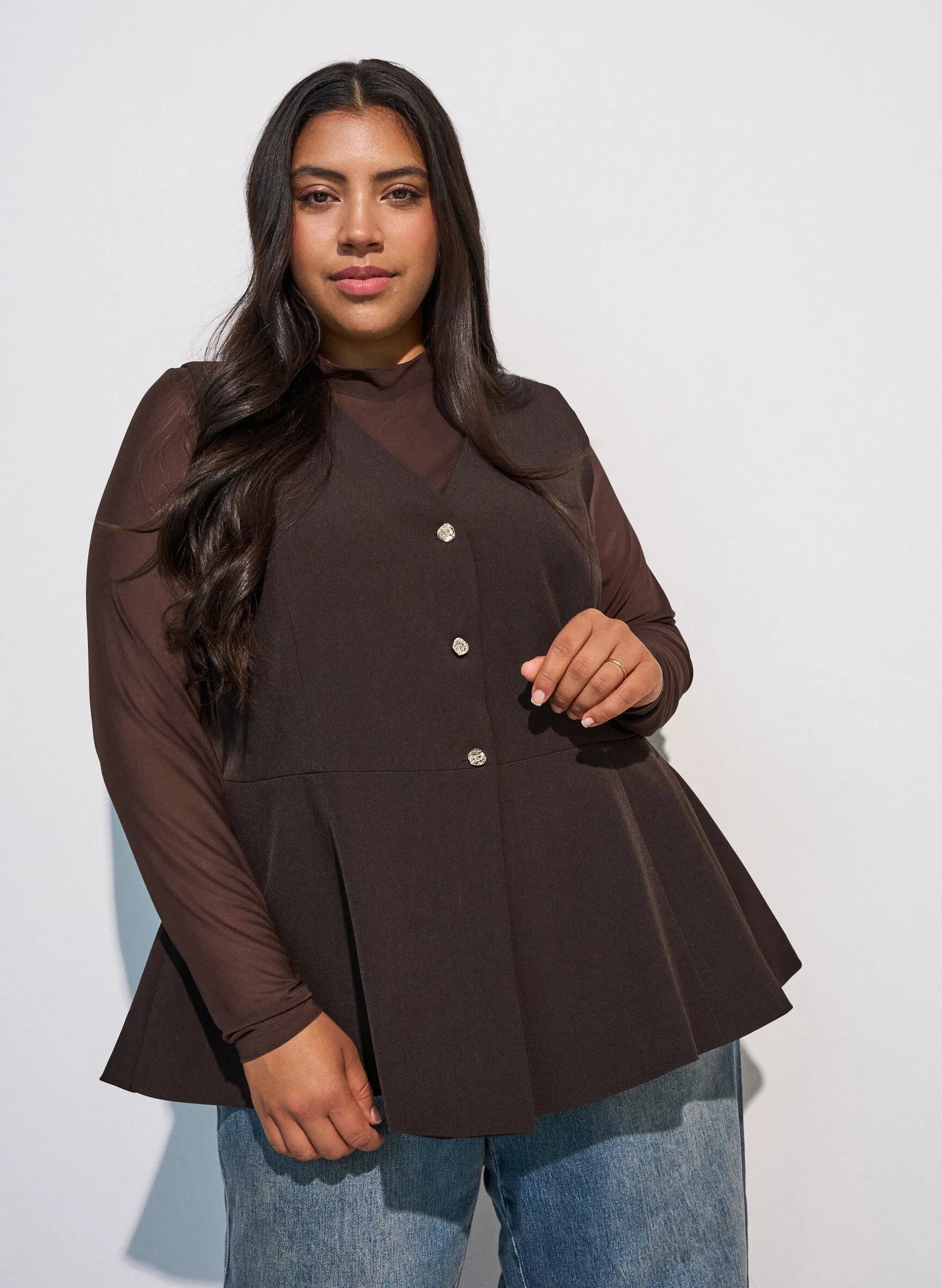 Enganliegende Mesh-Bluse mit langen Ärmeln