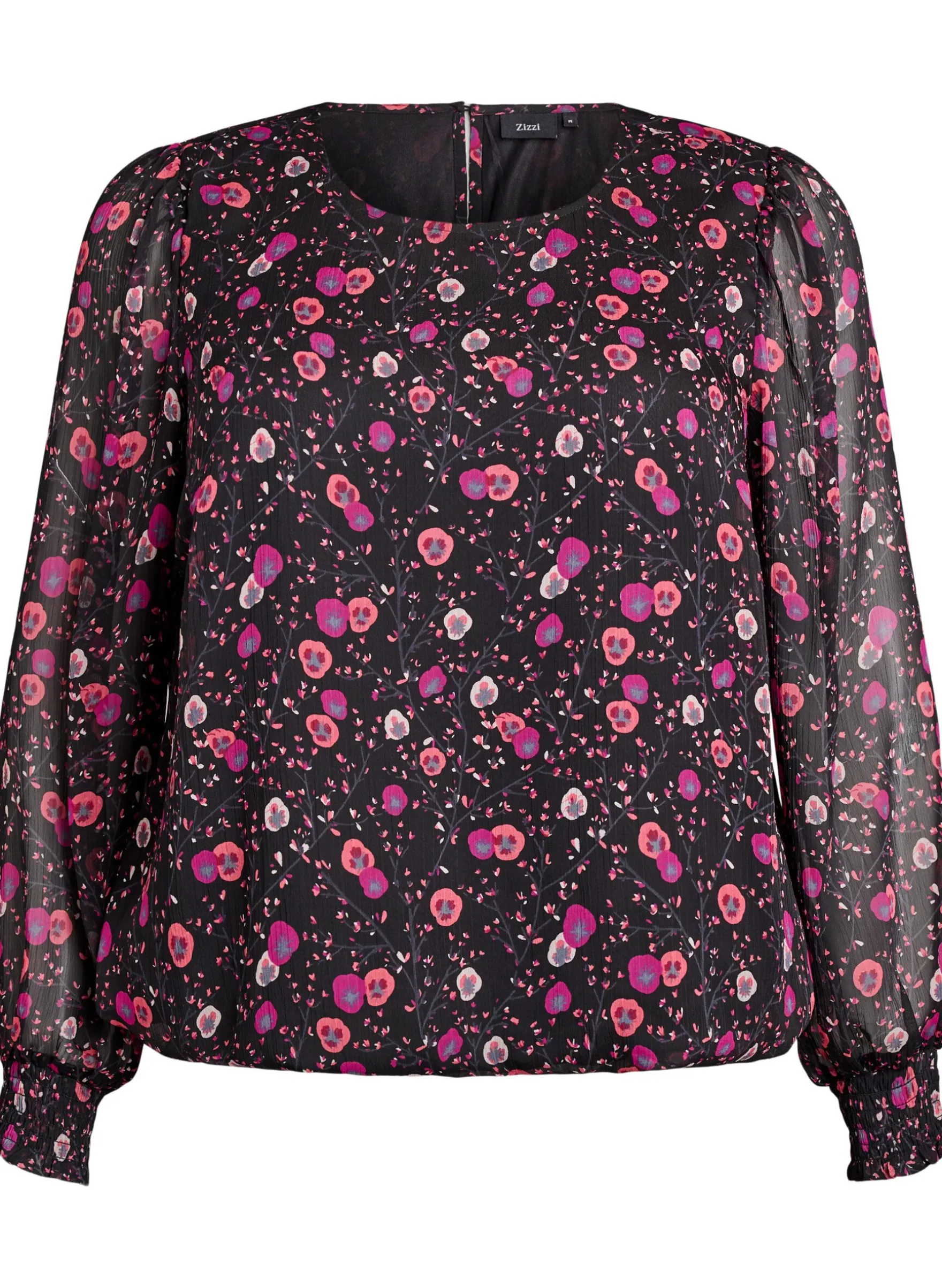 Geblümte Bluse aus Chiffon mit transparenten Ärmeln
