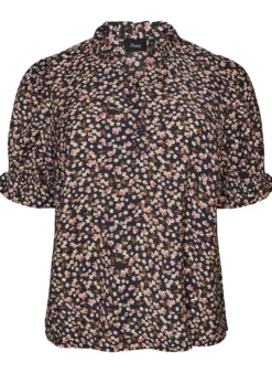 Geblümte Bluse aus Viskose mit kurzen Ärmeln und Smockdetails