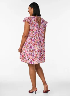 Geblümtes Kleid aus Baumwolle mit Rüschen und V-Ausschnitt