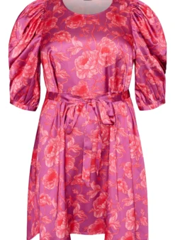 Geblümtes Kleid mit Puffärmeln und Bindegürtel
