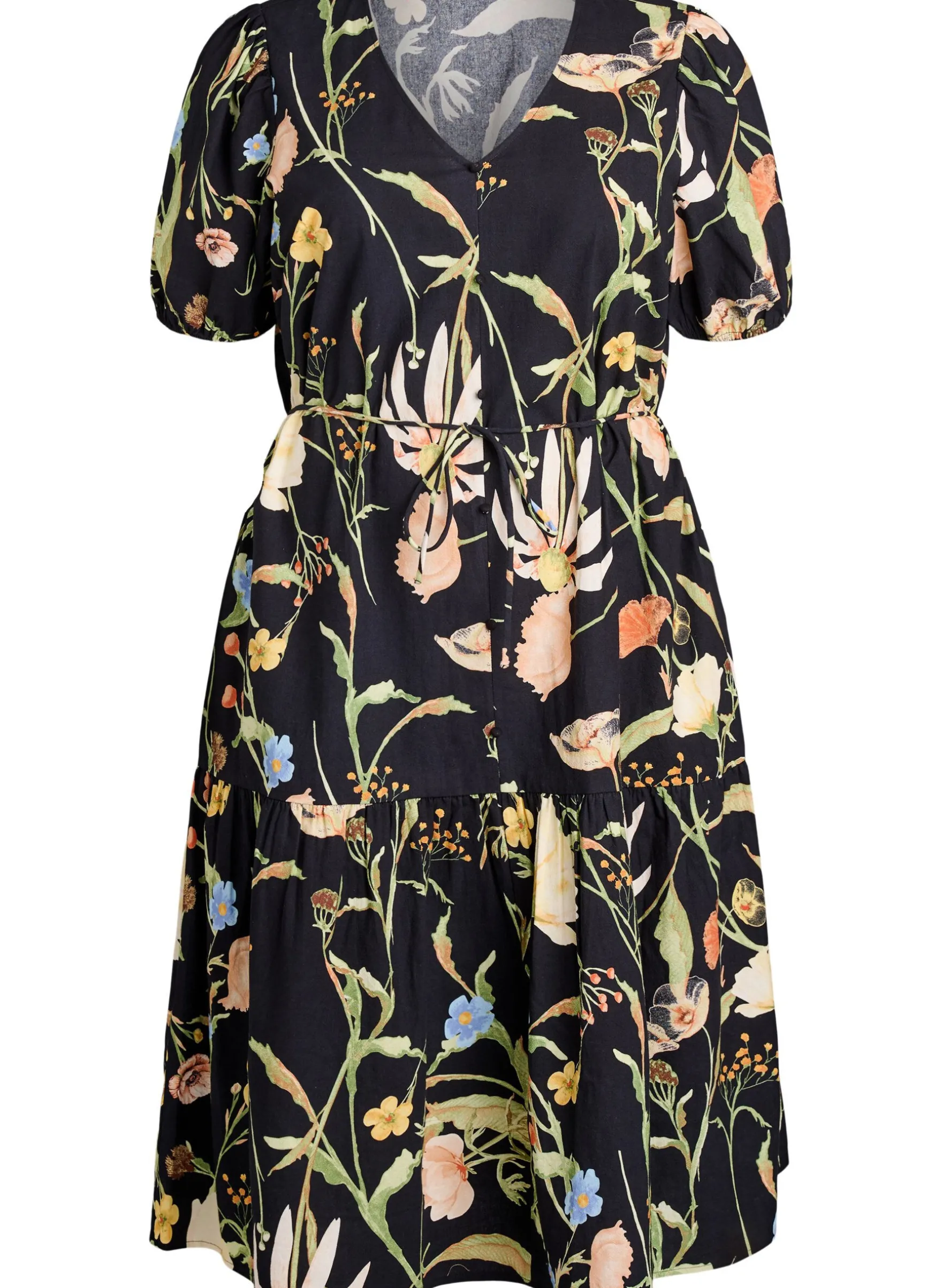 Geblümtes Midikleid mit Bindegürtel