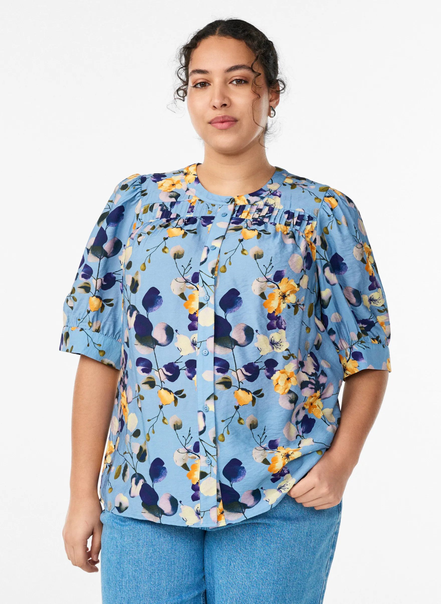 Gemusterte Hemdbluse mit 1/2-Ärmeln