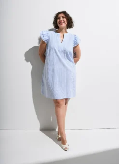 Gestreiftes Kleid aus Baumwolle mit Rüschen und A-Linien-Schnitt