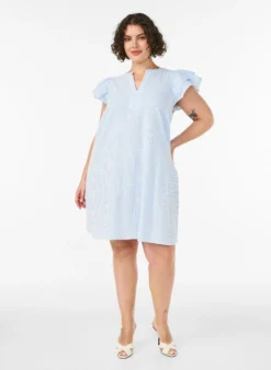 Gestreiftes Kleid aus Baumwolle mit Rüschen und A-Linien-Schnitt