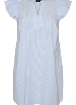 Gestreiftes Kleid aus Baumwolle mit Rüschen und A-Linien-Schnitt