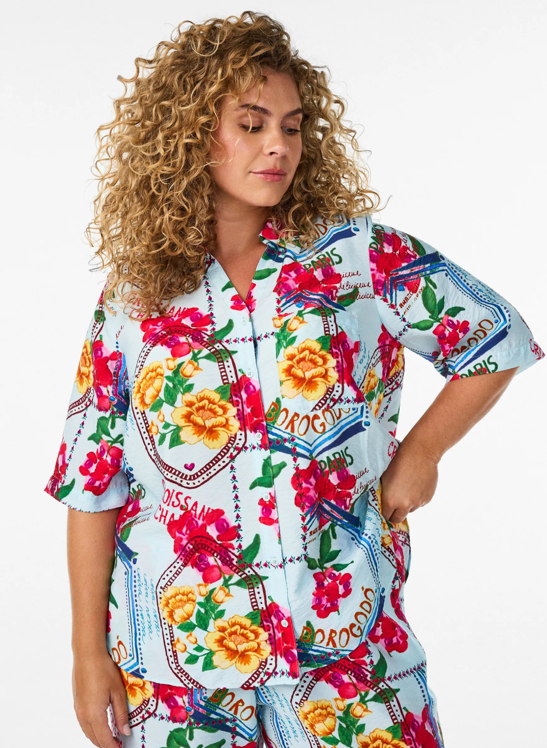 Hemdbluse mit 1/2 Ärmeln und farbenfrohem Print
