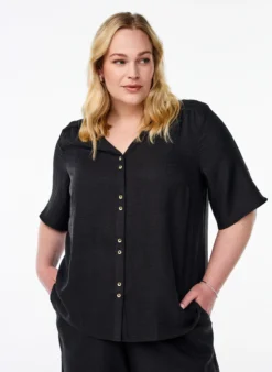 Hemdbluse mit V-Ausschnitt und kurzen Ärmeln