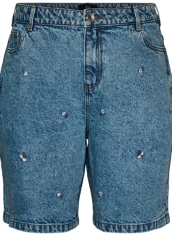 Hoch taillierte Denimshorts mit bestickten Motiven