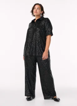 Hoch taillierte Paillettenhose mit weiten Beinen