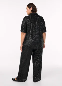 Hoch taillierte Paillettenhose mit weiten Beinen
