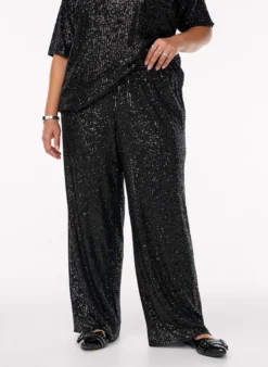 Hoch taillierte Paillettenhose mit weiten Beinen