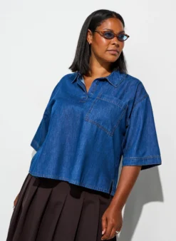Jeansbluse mit Brusttasche und ellenbogenlangen Ärmeln
