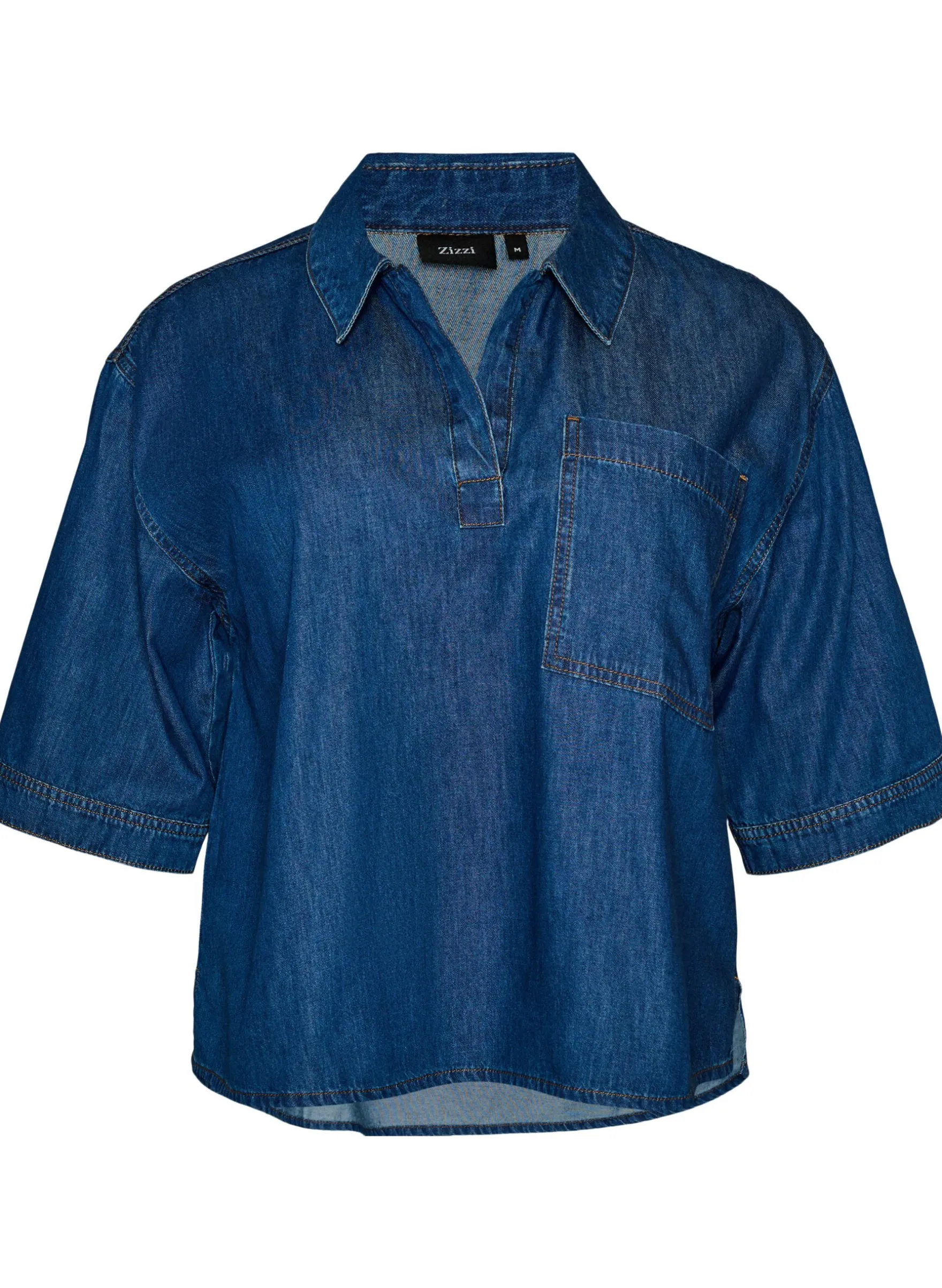Jeansbluse mit Brusttasche und ellenbogenlangen Ärmeln