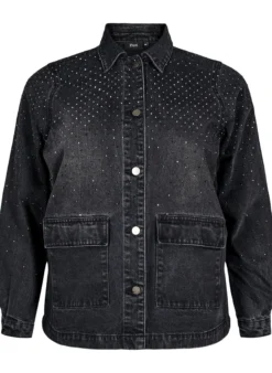 Jeansjacke mit Strasssteinen und großen Taschen auf der Vorderseite