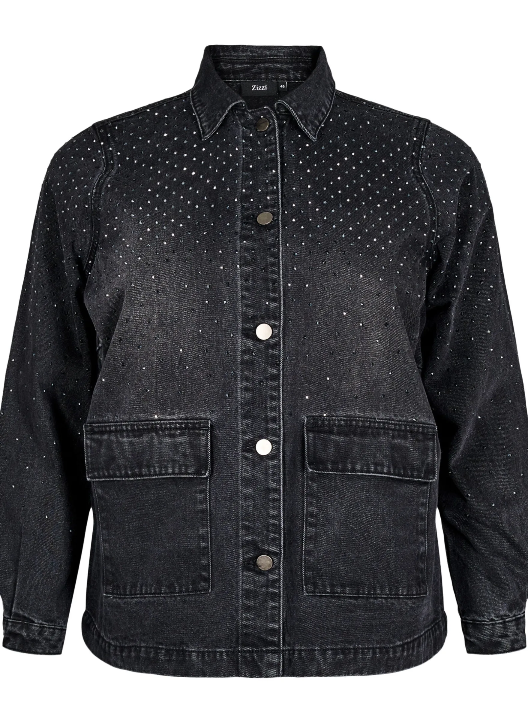 Jeansjacke mit Strasssteinen und großen Taschen auf der Vorderseite