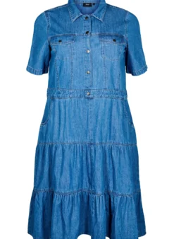 Jeanskleid in Midilänge mit Knöpfen und kurzen Ärmeln