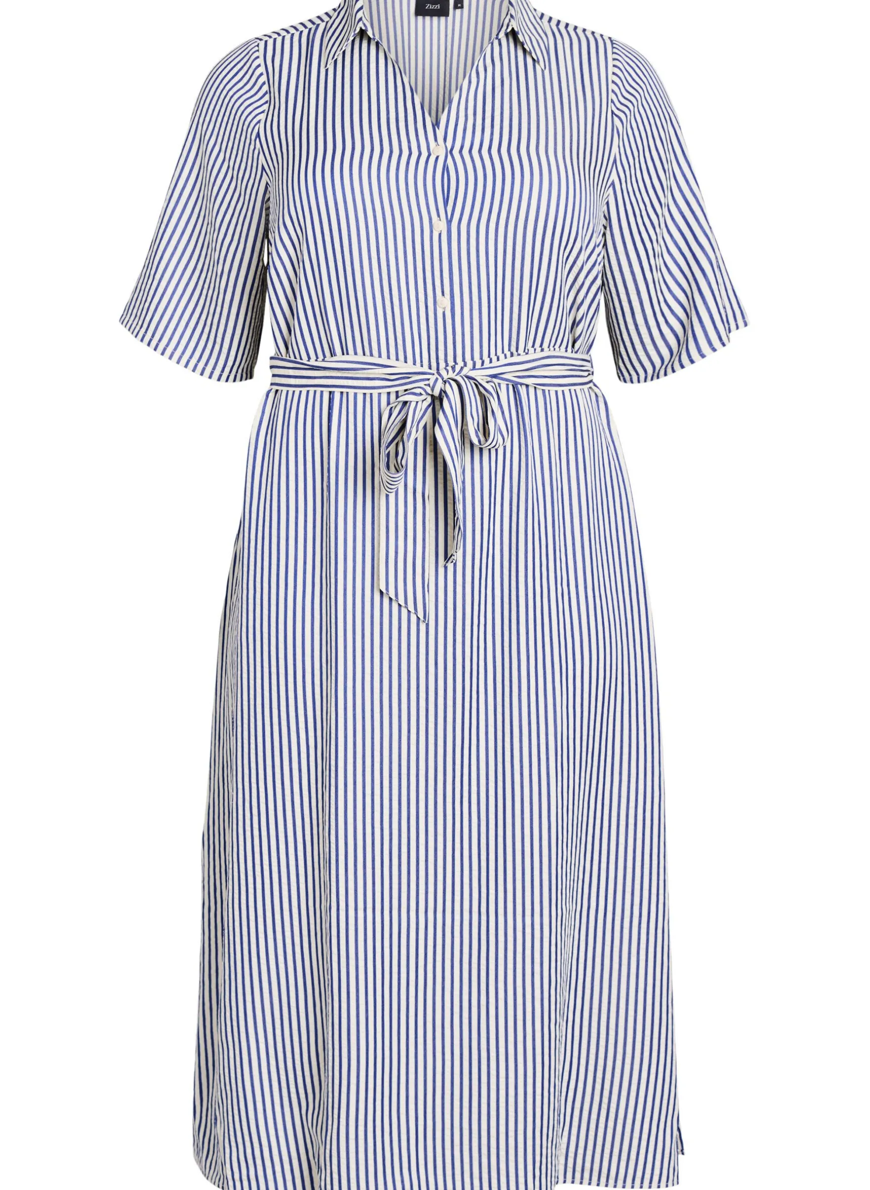 Knöchellanges Hemdblusenkleid mit Bindegürtel und Streifen