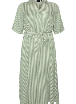 Knöchellanges Hemdblusenkleid mit Bindegürtel und Streifen