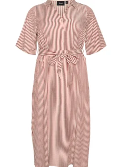 Knöchellanges Hemdblusenkleid mit Bindegürtel und Streifen