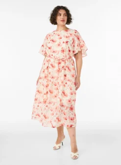 Knöchellanges Kleid mit Flügelärmeln und Bindegürtel
