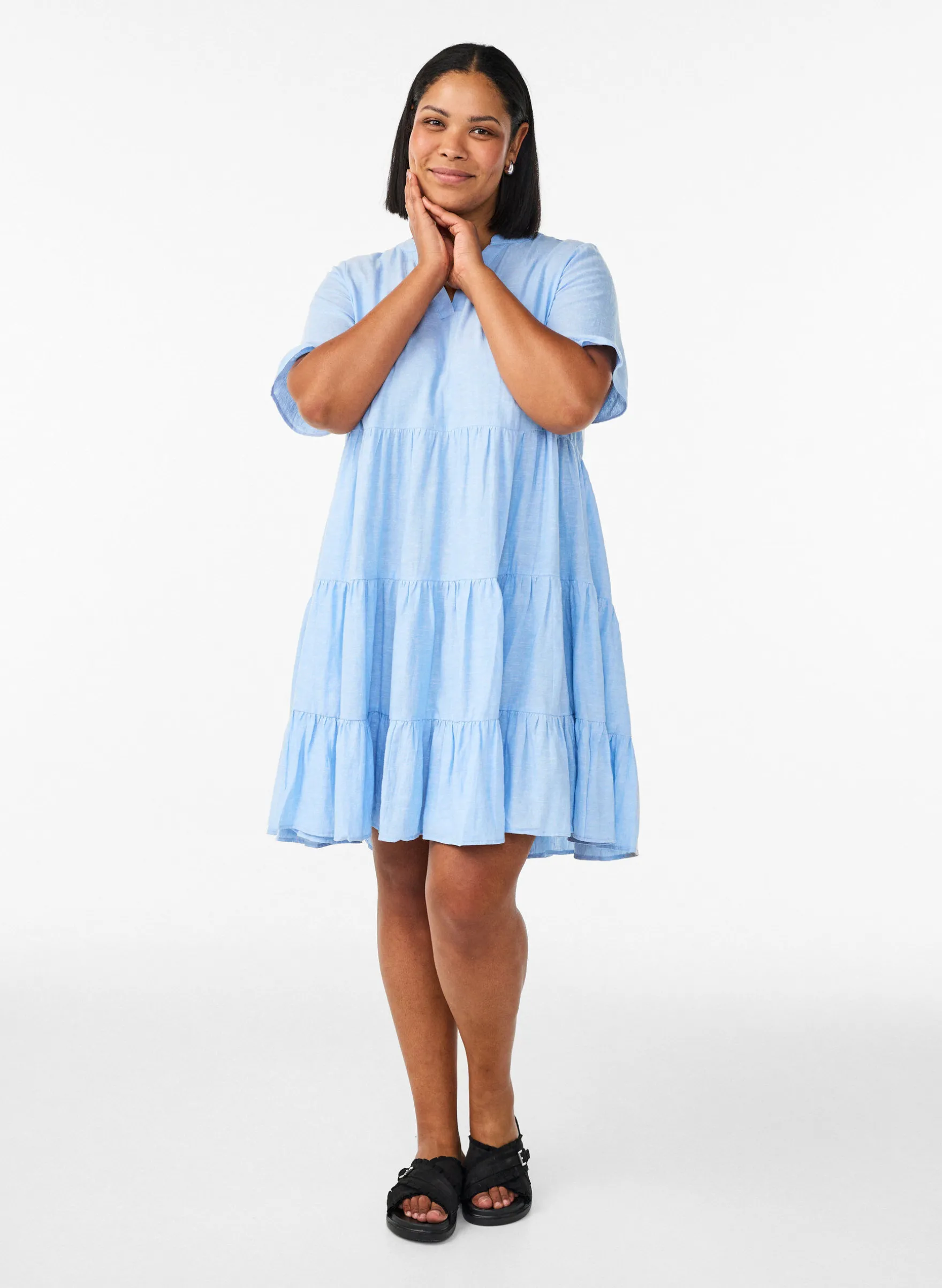 Knielanges A-Linien-Kleid aus Leinen und Viskose