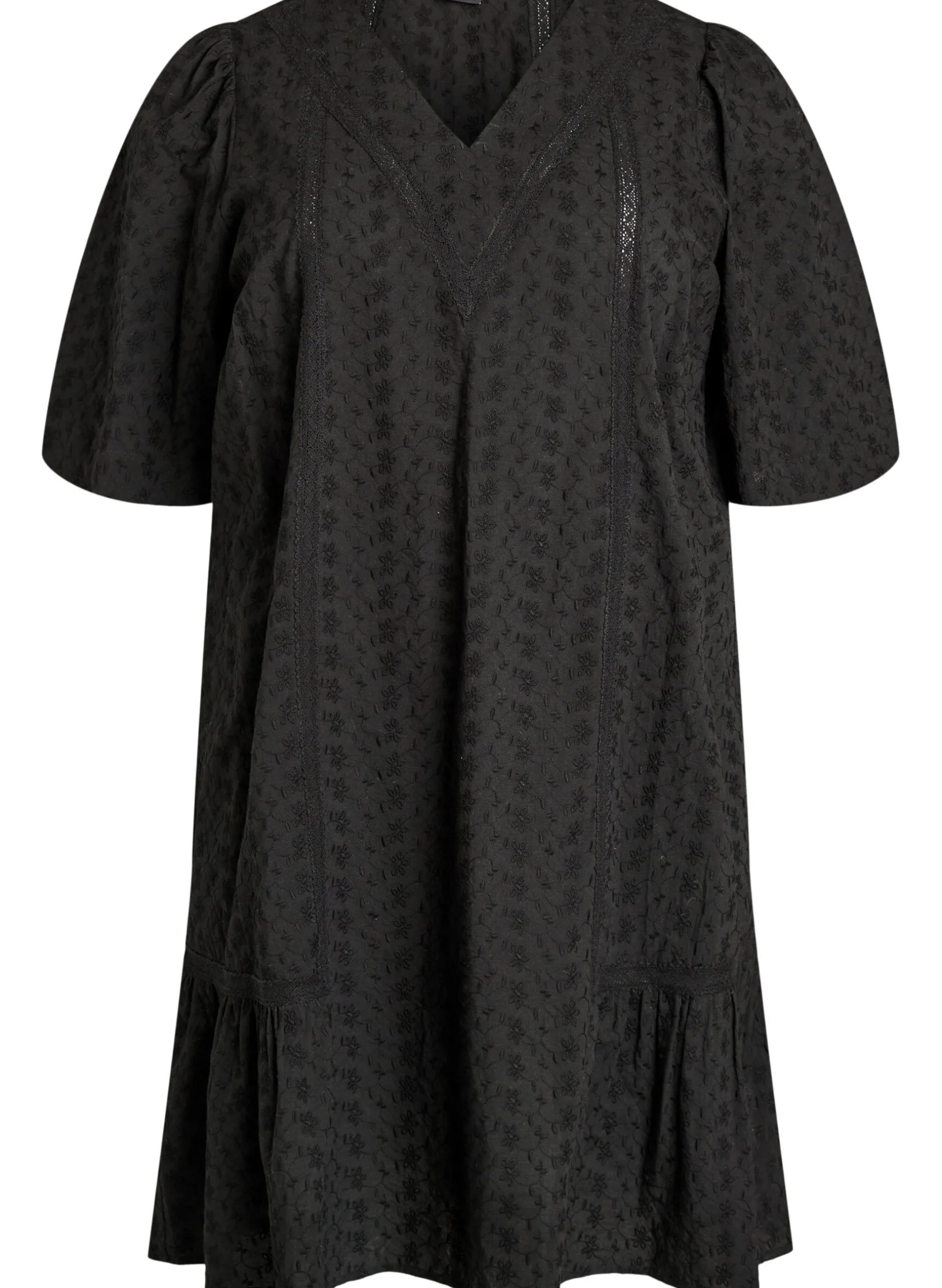 Knielanges Kleid aus Baumwolle mit Stickerei und V-Ausschnitt