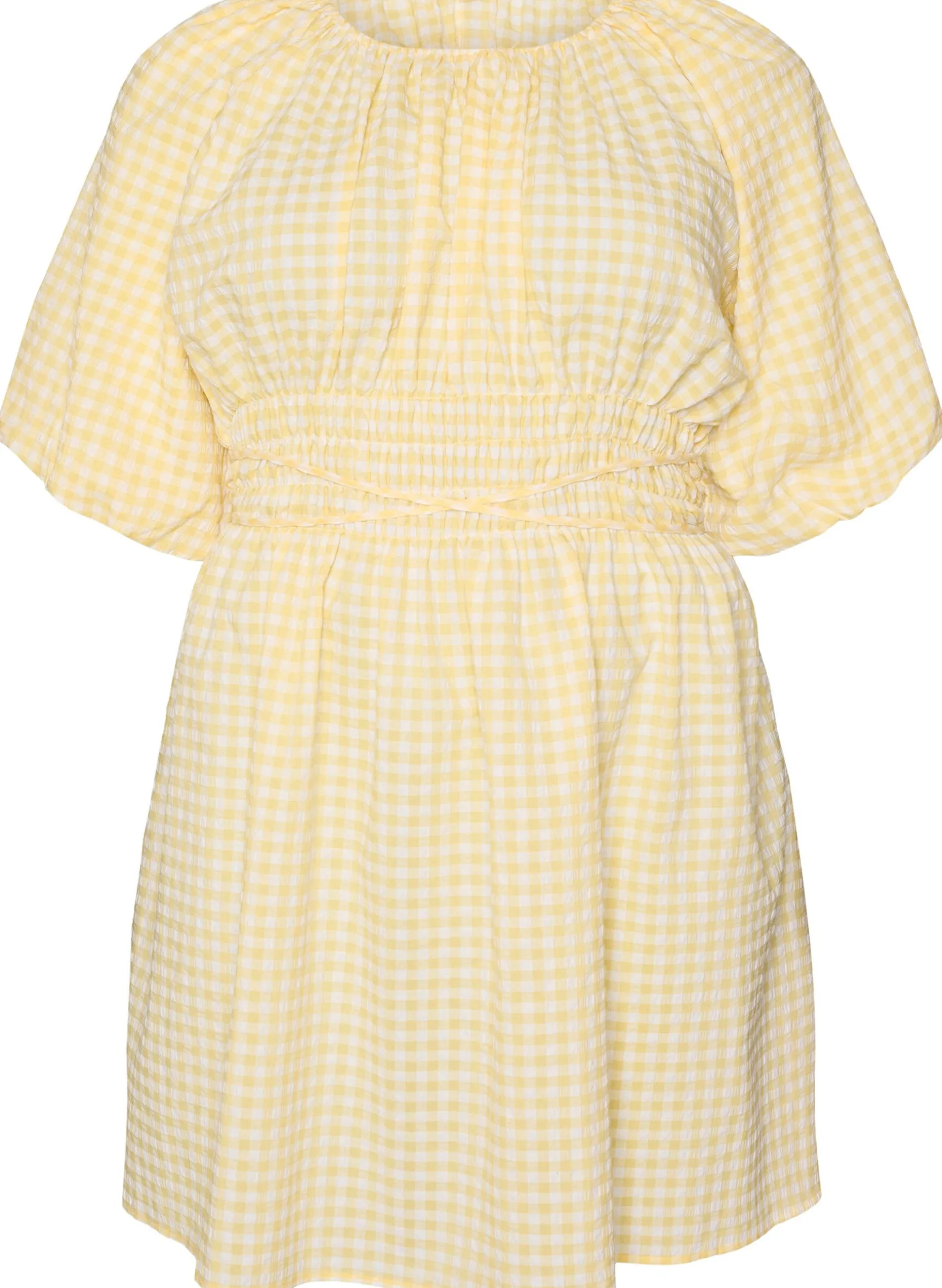 Kurzes kleinkariertes Kleid mit Ballonärmeln