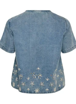 Kurzärmelige Jeansbluse mit Lochstickerei
