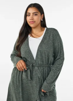 Lange Jersey-Strickjacke mit Bindegürtel