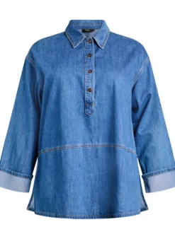 Lockere Bluse aus Denim mit Kragen und Knopfleiste