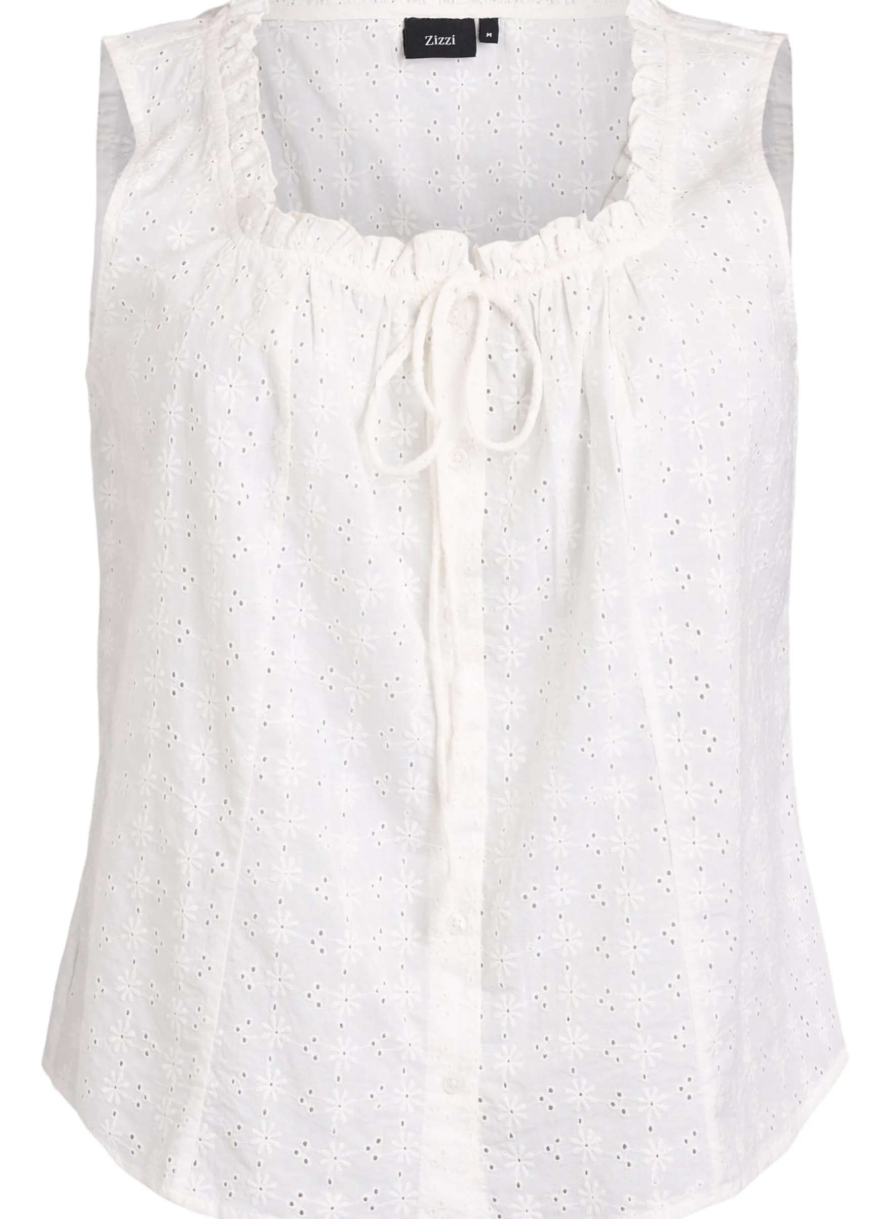 Ärmellose Bluse mit Lochstickerei und Rüschen