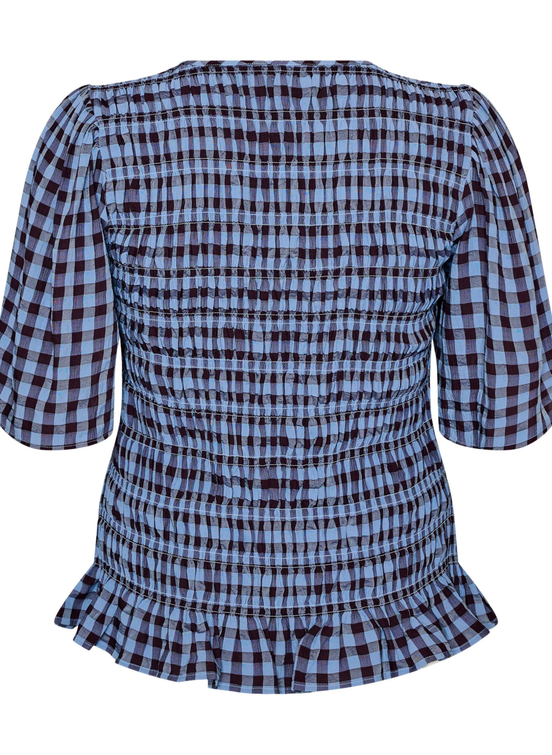 Smockbluse mit Vichy-Karo und Rüschensaum